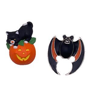Vintage Halloween Pins Set of 2 Hallmark Jack-o-Lantern w/ Cat Enamel Bat